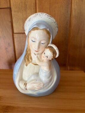 Vintage Madonna & Child Ceramic Statue / Vase Planter. Blue & Cream. Japan Made